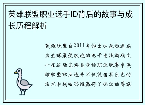 英雄联盟职业选手ID背后的故事与成长历程解析