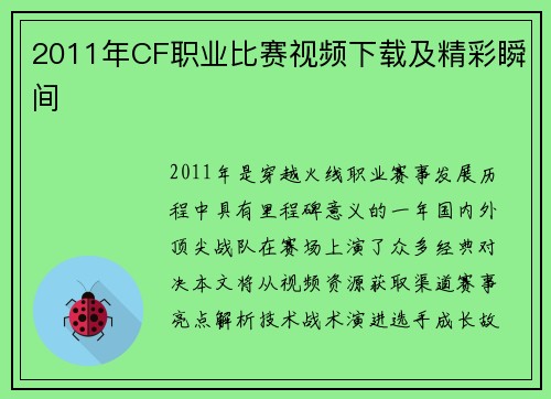 2011年CF职业比赛视频下载及精彩瞬间
